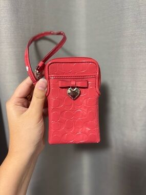Coach Glossy Pink Patent Leather Wristlet Phone Pouch with Heart Charm